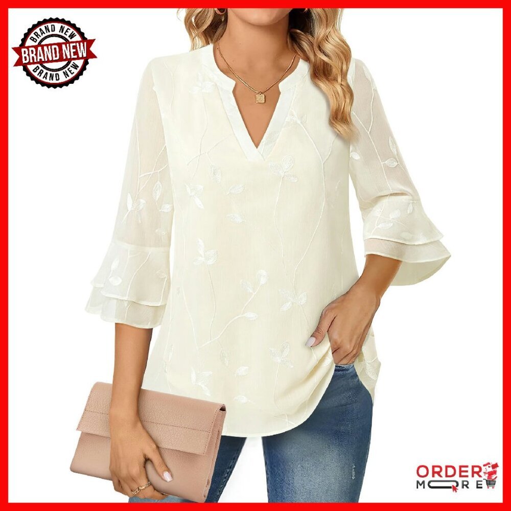 Women's 3/4 Bell Sleeve Chiffon Blouse Tunic Work Casual Top